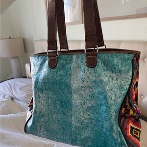 Consuela Turquoise and Brown Patterned Tote